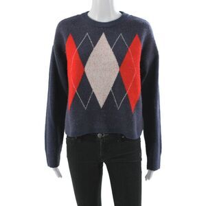 Aqua Women Blue Argyle Pullover Sweater Crew Neck Long Sleeve Size S
